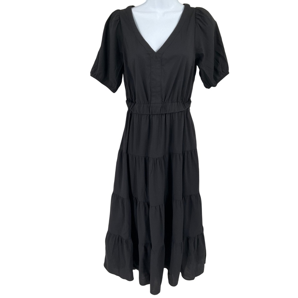 Loft Dress S Black Tiered Midi Back Cutout Puff Sleeve Boho Cottagecore Romantic
